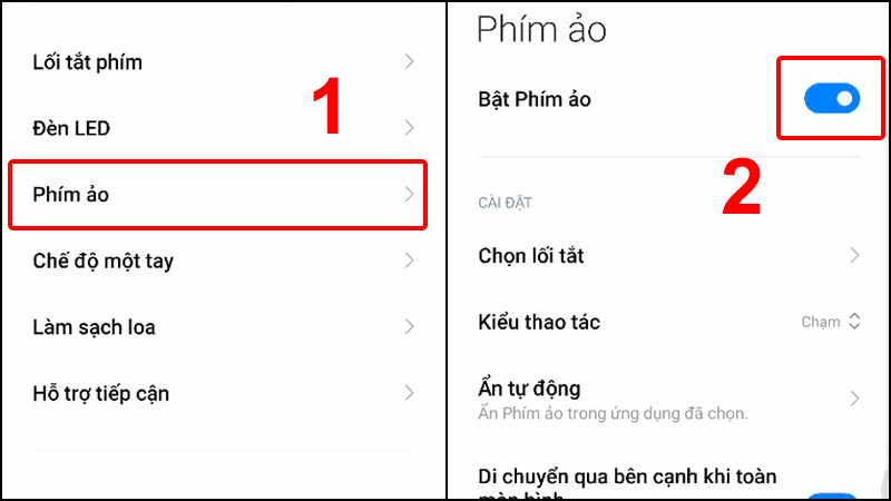 Phím ảo > Bật phím ảo